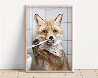Funny Fox Brushing Teeth Art, Quirky Bathroom Decor