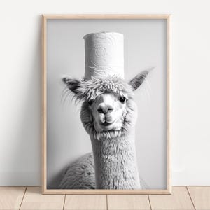 Póster divertido de alpaca para baño, impresión artística para pared de baño, alpaca con papel higiénico en la cabeza, foto de animal de estilo vintage, impresión decorativa para baño