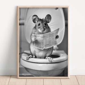 Funny Mouse Poster, Bathroom Wall Art, Mouse on Toilet Reading Newspaper, Vertical Vintage Style Animal Photo Poster, Bathroom Decor Print