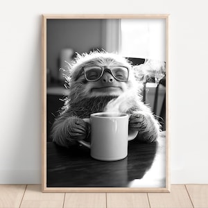 Sloth Drinking Coffee Art Print: Funny Kitchen Decor