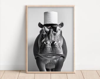 Funny Hippo Bathroom Print: Toilet Paper Hat, Animal Humor Poster