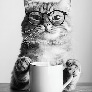 Op de afbeelding: Een zwart-witfoto van een kat die een bril draagt en een witte mok vasthoudt met stoom die eruit komt.