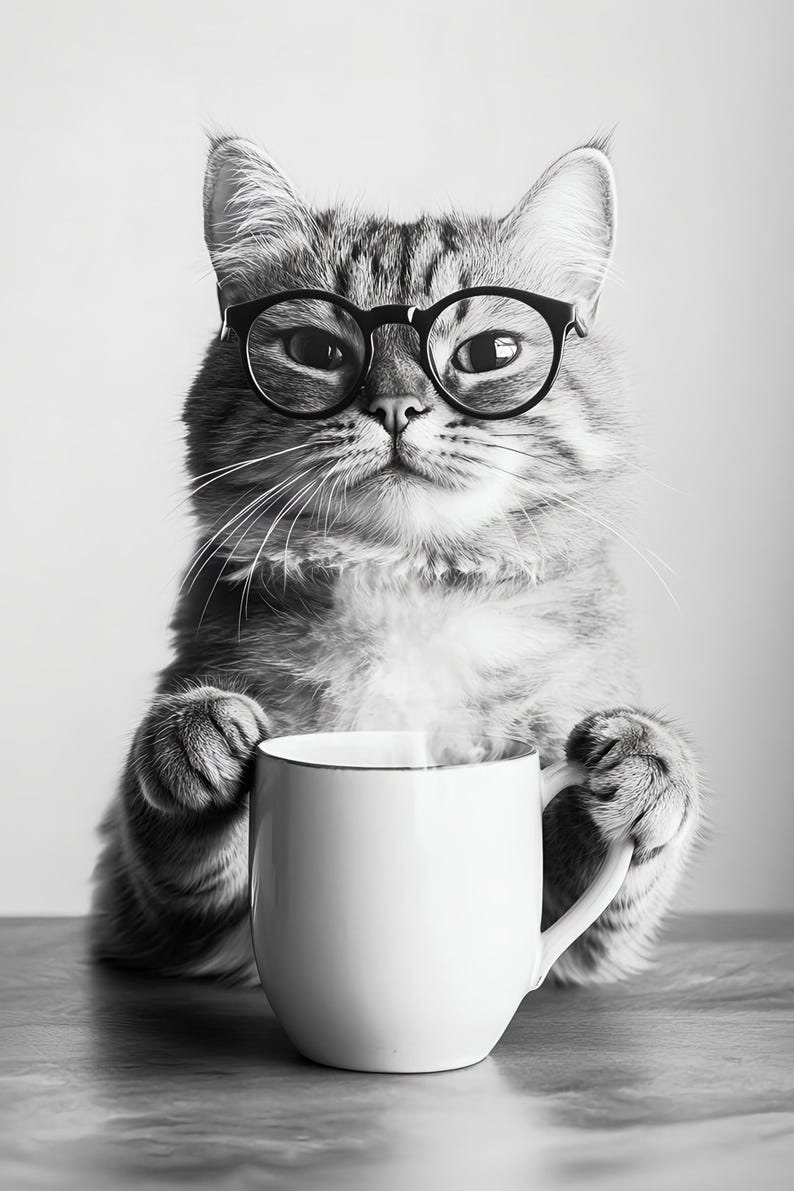 Op de afbeelding: Een zwart-witfoto van een kat die een bril draagt en een witte mok vasthoudt met stoom die eruit komt.