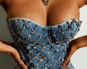 Embellished denim crystal Rhinestone Diamond bralette bustier Push Up Denim Sparkly corset -