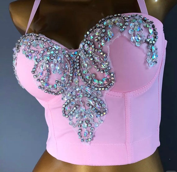 Buy Pink Embellished Crystal Rhinestone Bustier Bralette Corset Bridal  Bachelorette Wedding Online in India 