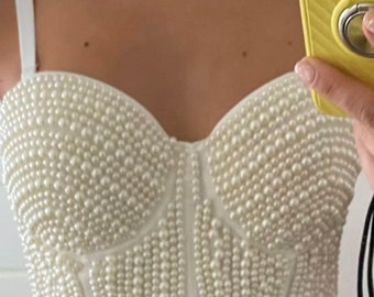 Pearl luxury  embellished beaded bustier corset , perfect summer bridal wedding bachelorette
