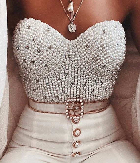 Best Seller Pearl Bustier Corset Encrusted With Real Crystal - Etsy