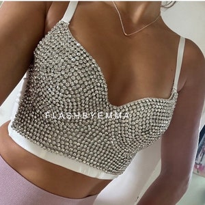 Rhinestone Bead Bustier Corset Pearls Diamond Night Club Bralette Bra  Cropped