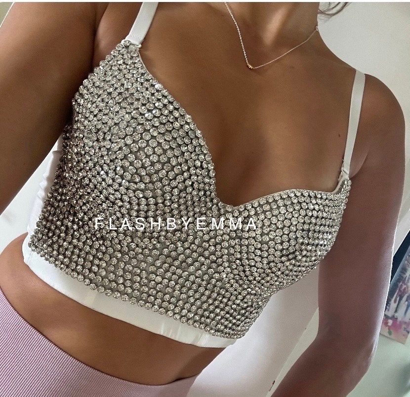 Diamond embellished crystal rhinestone white bustier bralette