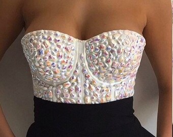 Summer Sale - Iridescent crystal and pearl rhinestone crystal embellished beaded bustier corset