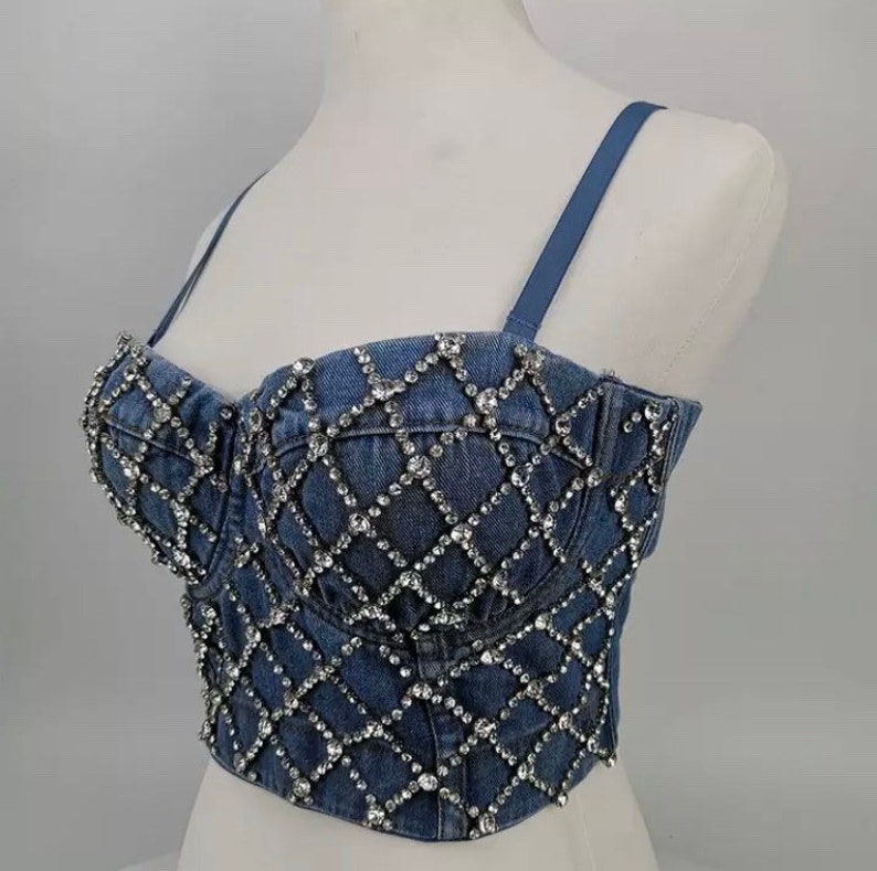 Embellished Denim Crystal Rhinestone Diamond Bralette Bustier Etsy