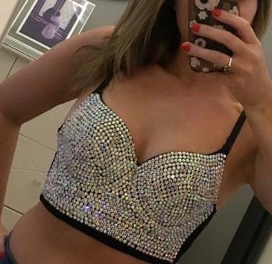 Rainbow Iridescent Diamond Crystal Embellished Beaded Bustier Bralette  Corse Christmas Thanksgiving Sexy Glamour 