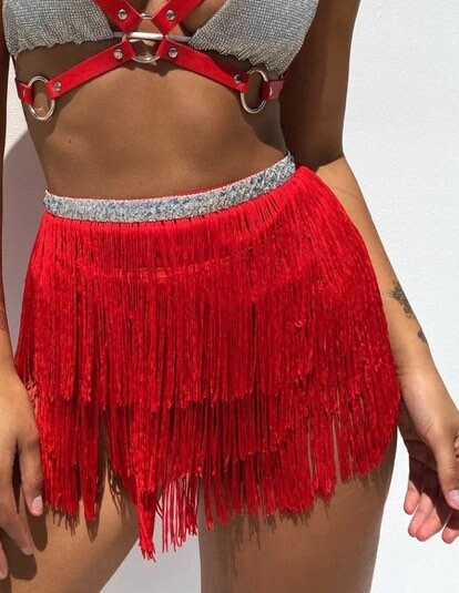 Red Ultrasheen Rhythm with Fringe Skirt and One Sleeve — DORÉ DESIGNS