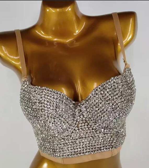 Diamond Embellished Crystal Rhinestone Nude/beige Bustier Bralette