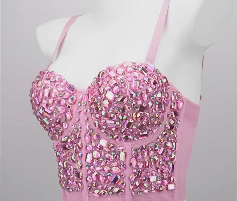 Hot pink lace bandeau bra strapless sequins crystal