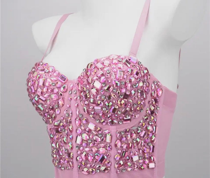 Bright Pastel Iridescent Icy Crystal Beaded Bra With Rhinestone