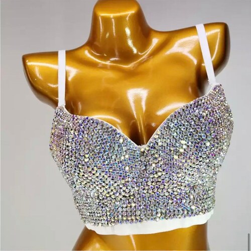 Embellished Denim Crystal Rhinestone Diamond Bralette Bustier Etsy