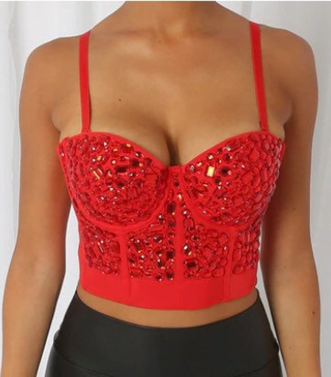 Women's Sexy Colorful Rhinestone Push Up Bra Clubwear Party Bustier Crop Top  with Crystal Gemstone Earrings