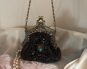 Victorian style black bead and sequin evening bag