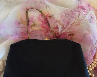1960s Black Leather Handbag with Gold Chain Handle