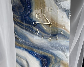 Oversized rectangle wall clock with natural stones Housewarming gift first home Navy blue tan white gold silver and pearl