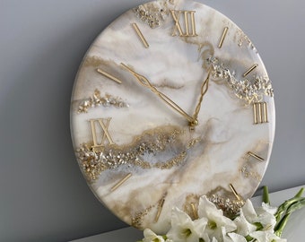 Gold wall decor, Modern wall clock,  Living room decor with natural stones white gold and pearl