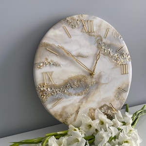 Gold wall decor, Modern wall clock,  Living room decor with natural stones white gold and pearl