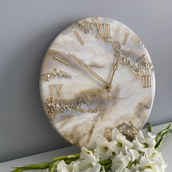 Gold wall decor, Modern wall clock,  Living room decor with natural stones white gold and pearl