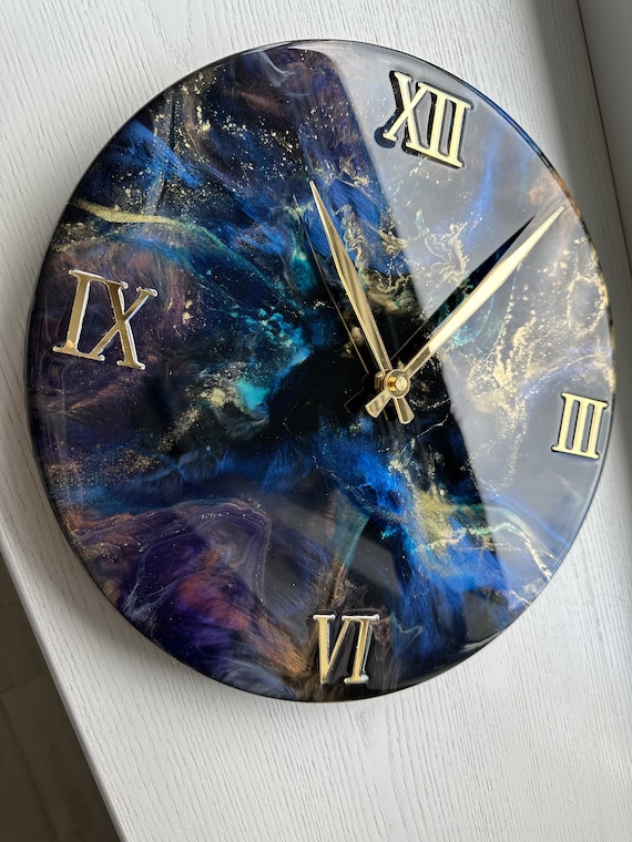 Resin Art Wall Clock: Sky Design, Gold Numerals