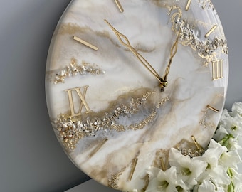 Resin art clock home decor modern wall art handmade clock with natural stones white gold and pearl