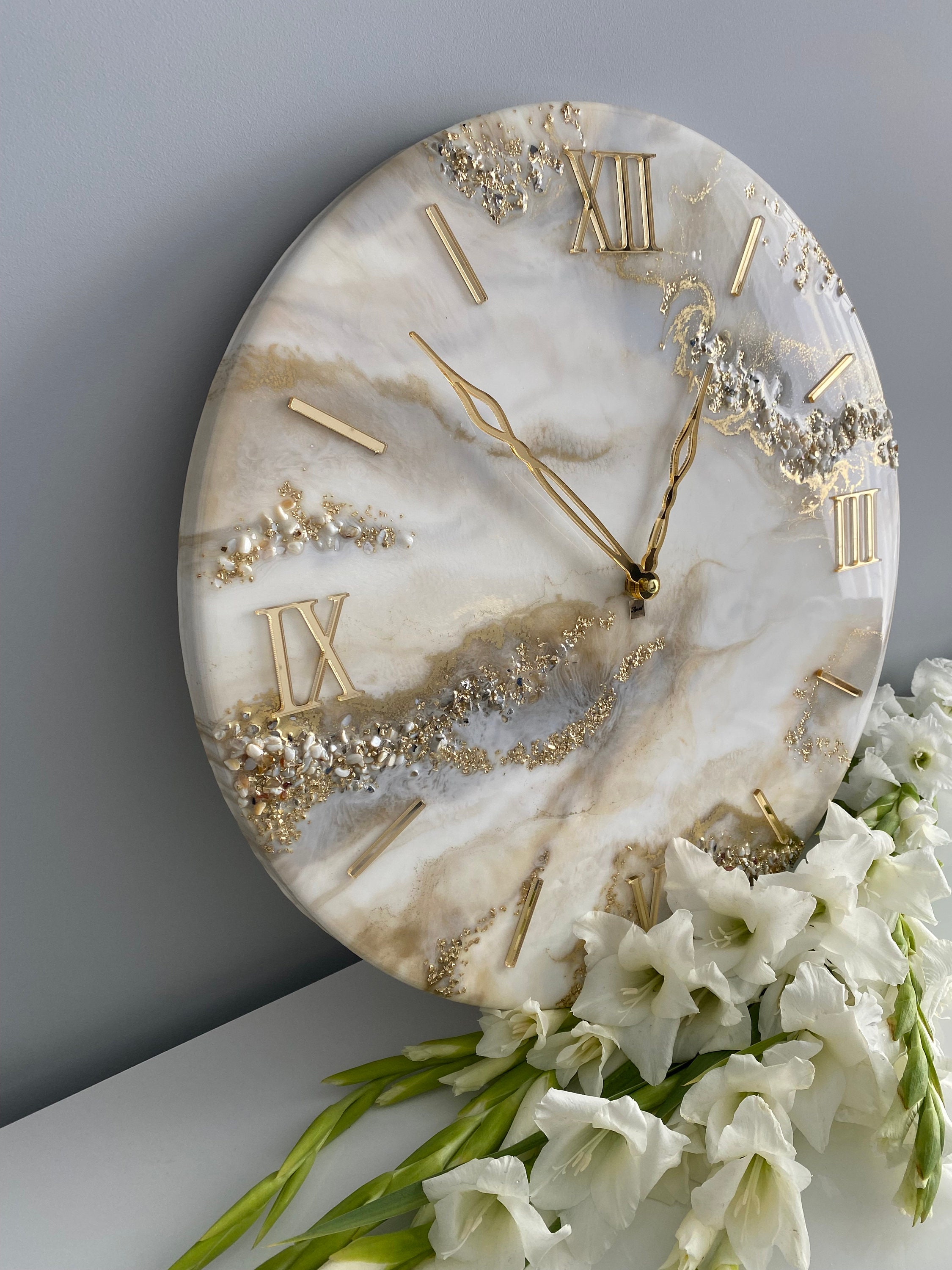 Resin art clock home decor modern wall art handmade clock with natural stones white gold and pearl