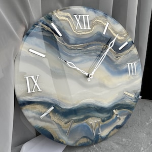 Oversized wall clock, Housewarming gift first home, White pearl blue light grey and gold