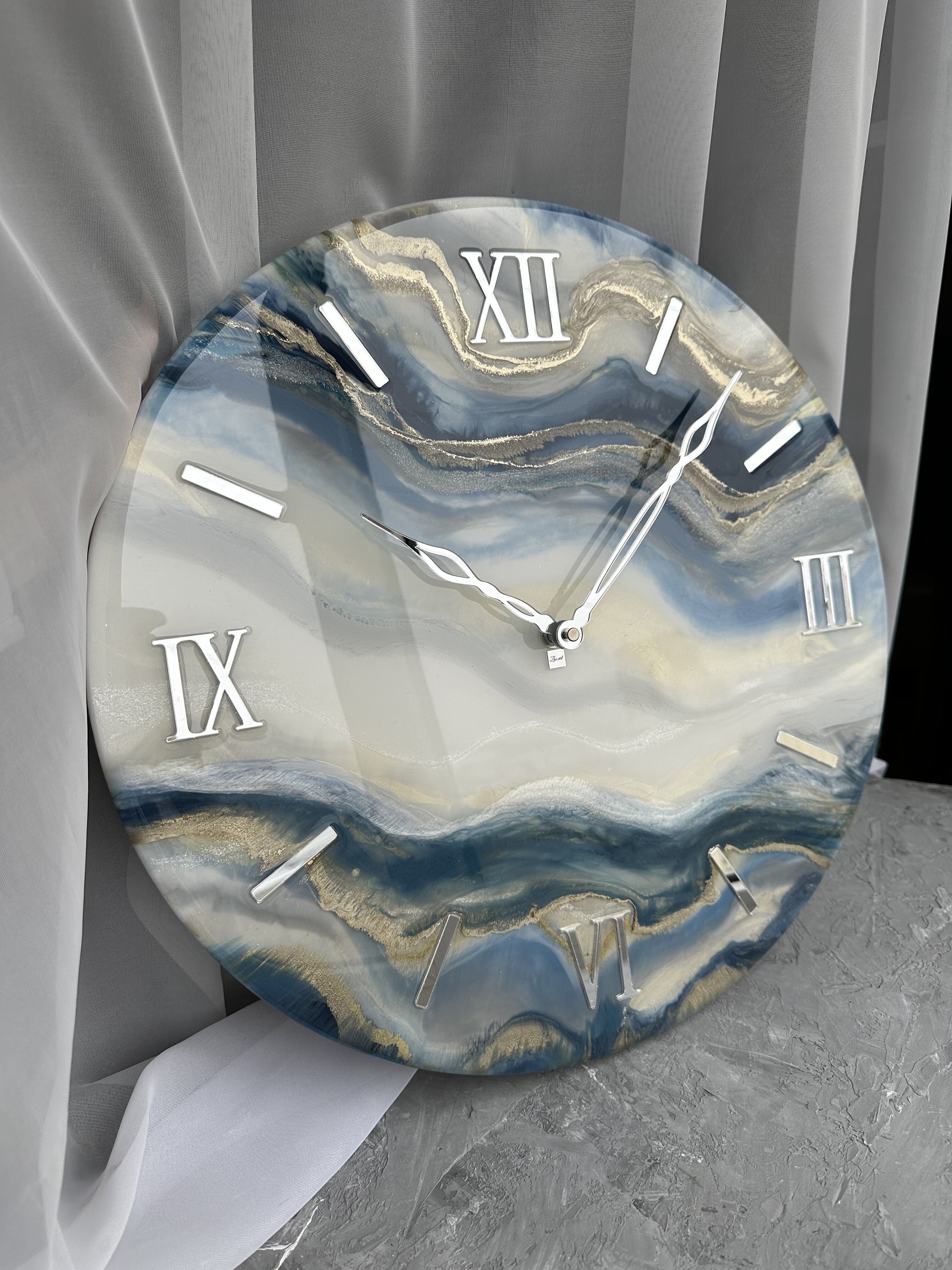 Oversized wall clock, Housewarming gift first home, White pearl blue light grey and gold