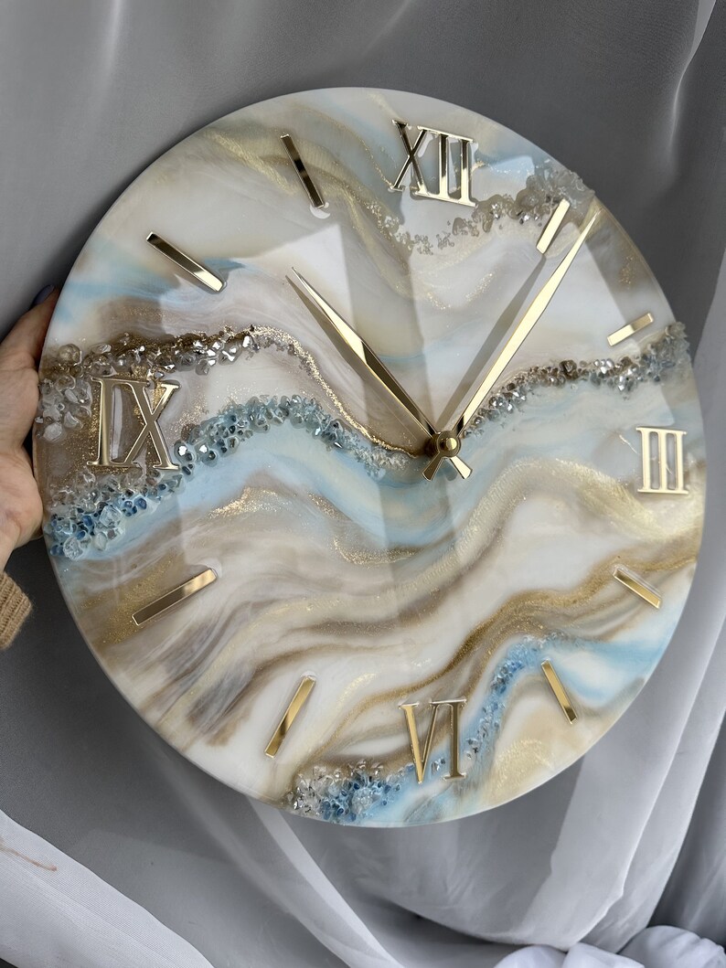 Oversized Resin Wall Clock: Gold, Beige, Blue, and Natural Stones - Etsy