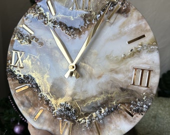 Resin art wall clock, Unique home decor, Wedding gift, 50th birthday gift, Custom clock in white brown and gold with crystals