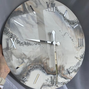 Resin art wall clock Unique home decor Wedding gift Custom clock in white beige and silver with natural stones