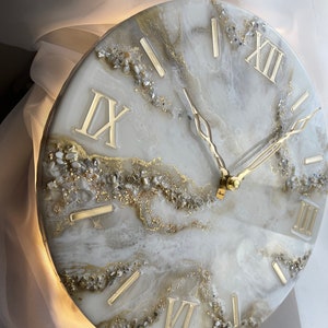 Gold wall apartment decor, resin art clock with backlight, gold white and pearl