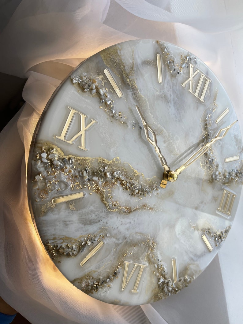 Gold Wall Apartment Decor, Resin Art Clock With Backlight, Gold White ...