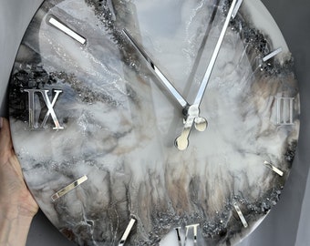 Resin art wall clock, Housewarming gift first home, White dark brown and silver with natural stones