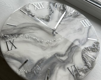 Resin art wall clock Unique home decor Wedding gift Custom clock in white pearl and silver with crystals