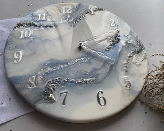 Resin art wall clock Unique home decor Modern wall art Custom clock in white blue pearl and silver with natural stones