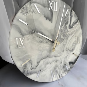 Housewarming gift first home, resin art wall clock, grey white and silver with natural stones