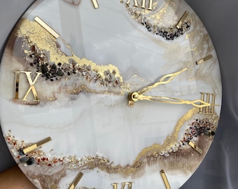 Resin art clock home decor modern wall art handmade white pearl brown and gold with natural stones