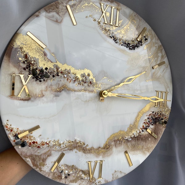 Resin art clock home decor modern wall art handmade white pearl brown and gold with natural stones