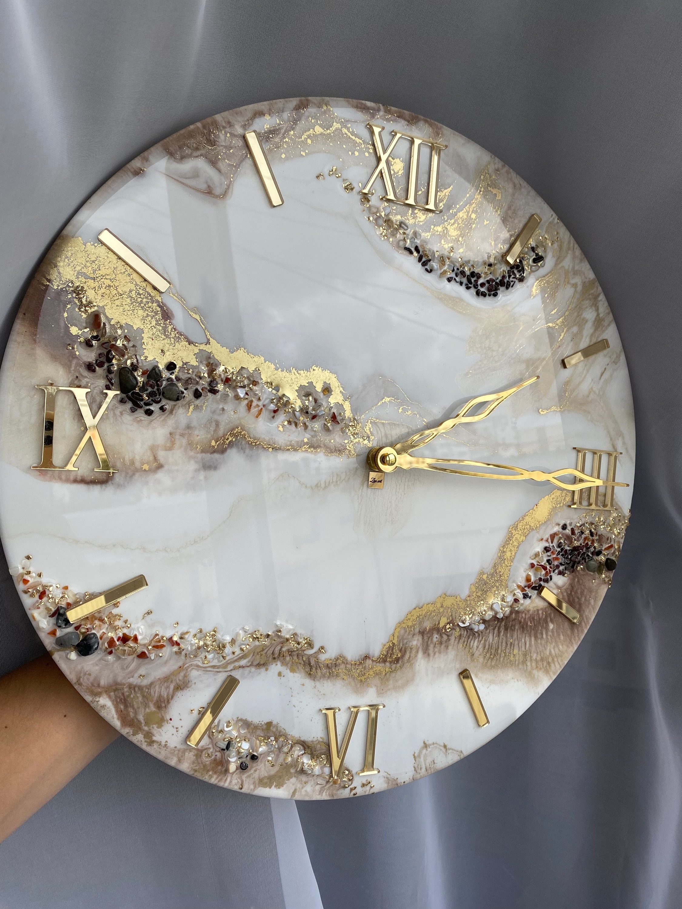 Resin art clock home decor modern wall art handmade white pearl brown and gold with natural stones