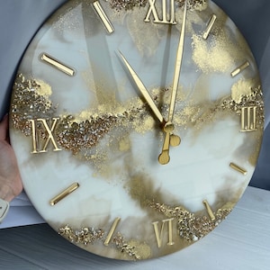 Gold wall decor Resin art wall clock Unique home decor Custom wall clock with natural stones