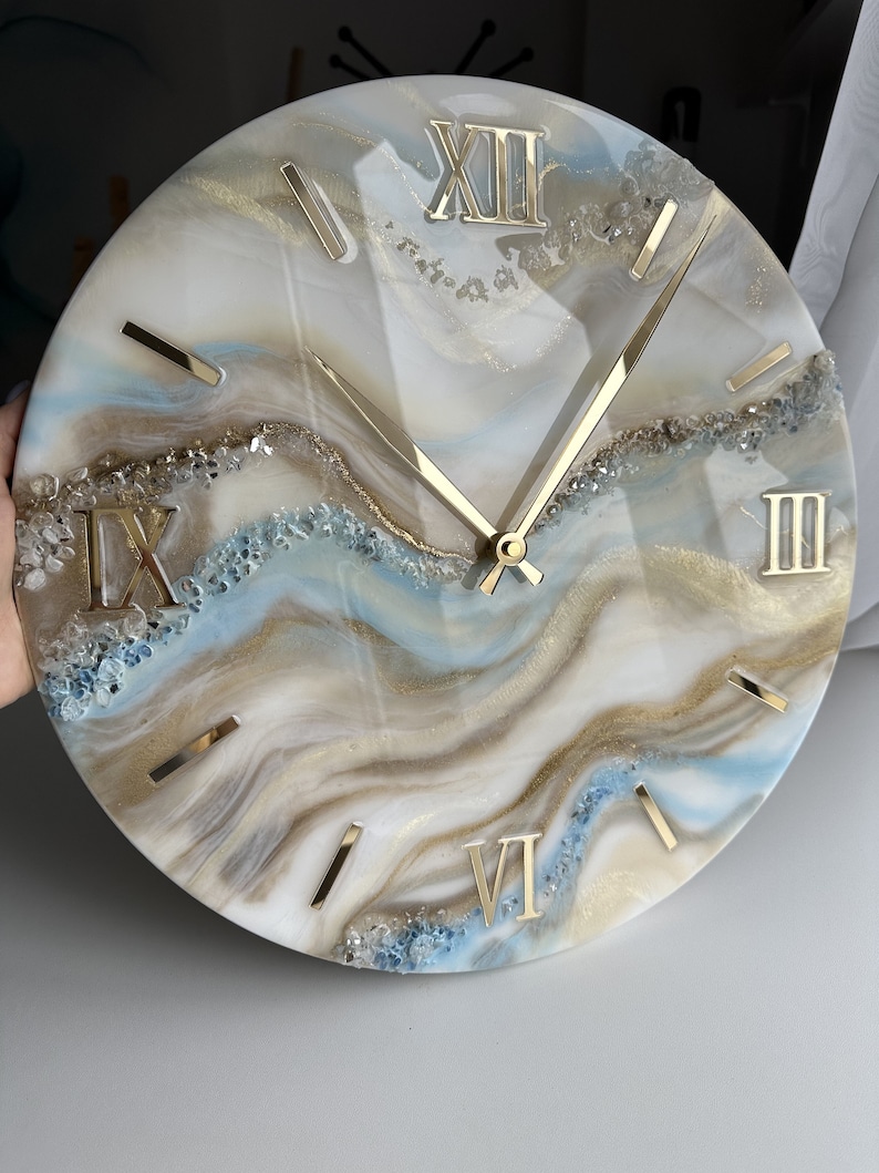Oversized Resin Wall Clock: Gold, Beige, Blue, and Natural Stones - Etsy