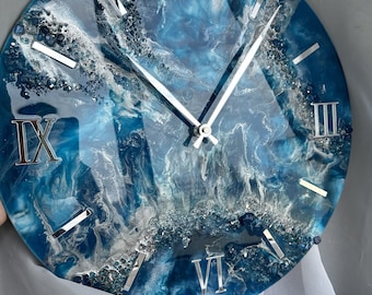 Resin art clock, apartment home decor, modern wall art, petrol blue silver with natural stones