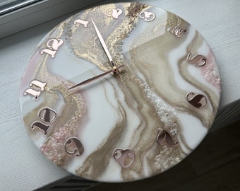 Resin art wall clock* Room decor aesthetic minimalist*Valentines Day*Pink white beige pearl hanging for living room*Girls room decor