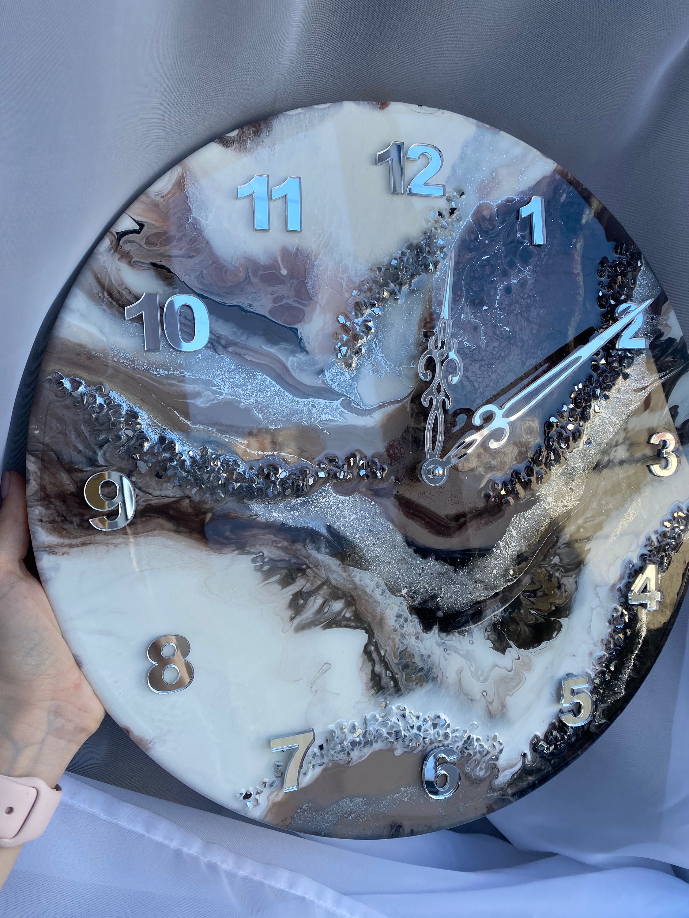 Resin art clock home decor handmade clock with natural stones modern